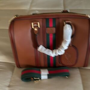 Chic Brown Satchel with Striking Stripes